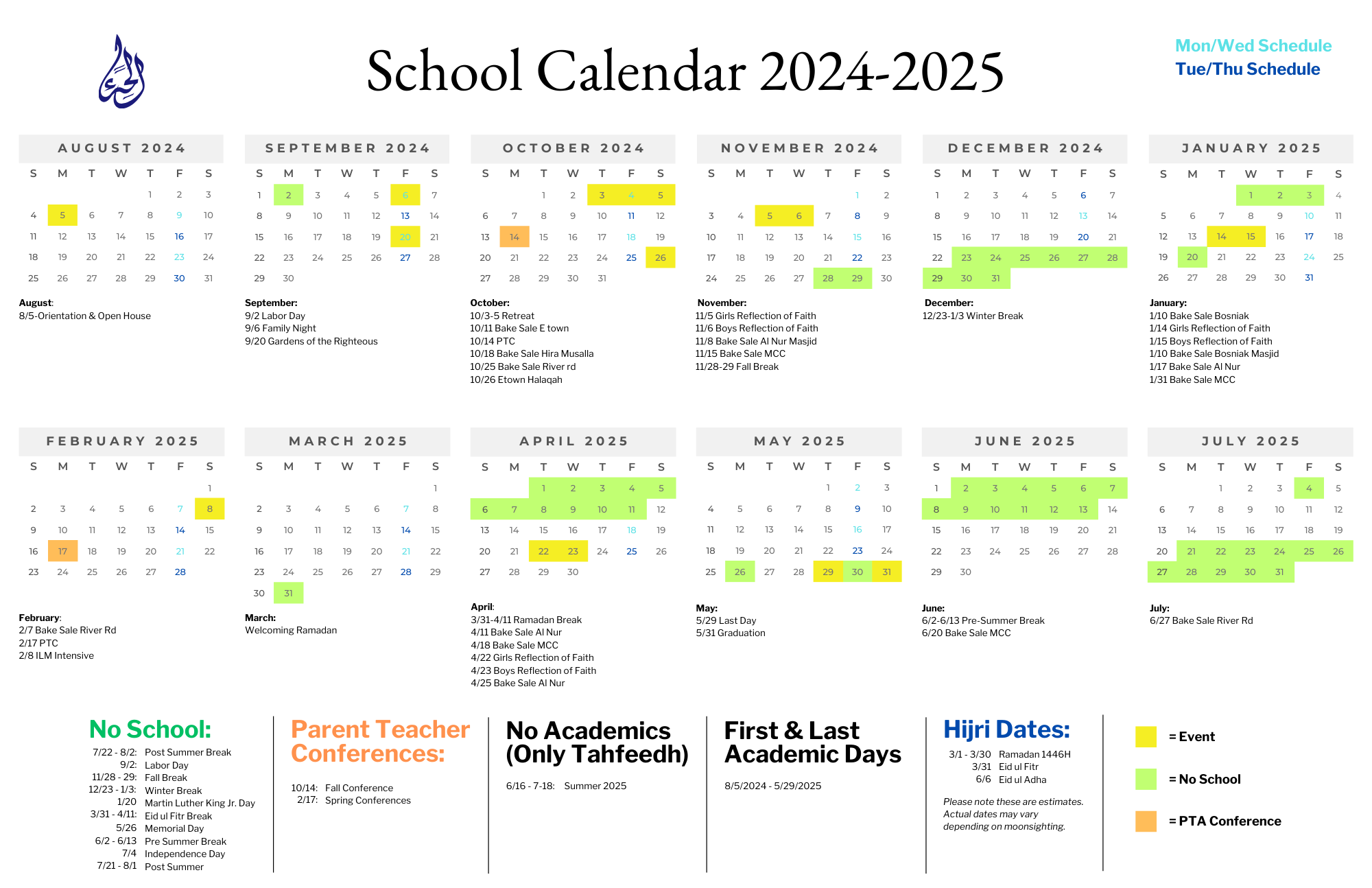 2024 - 2025 Calendar